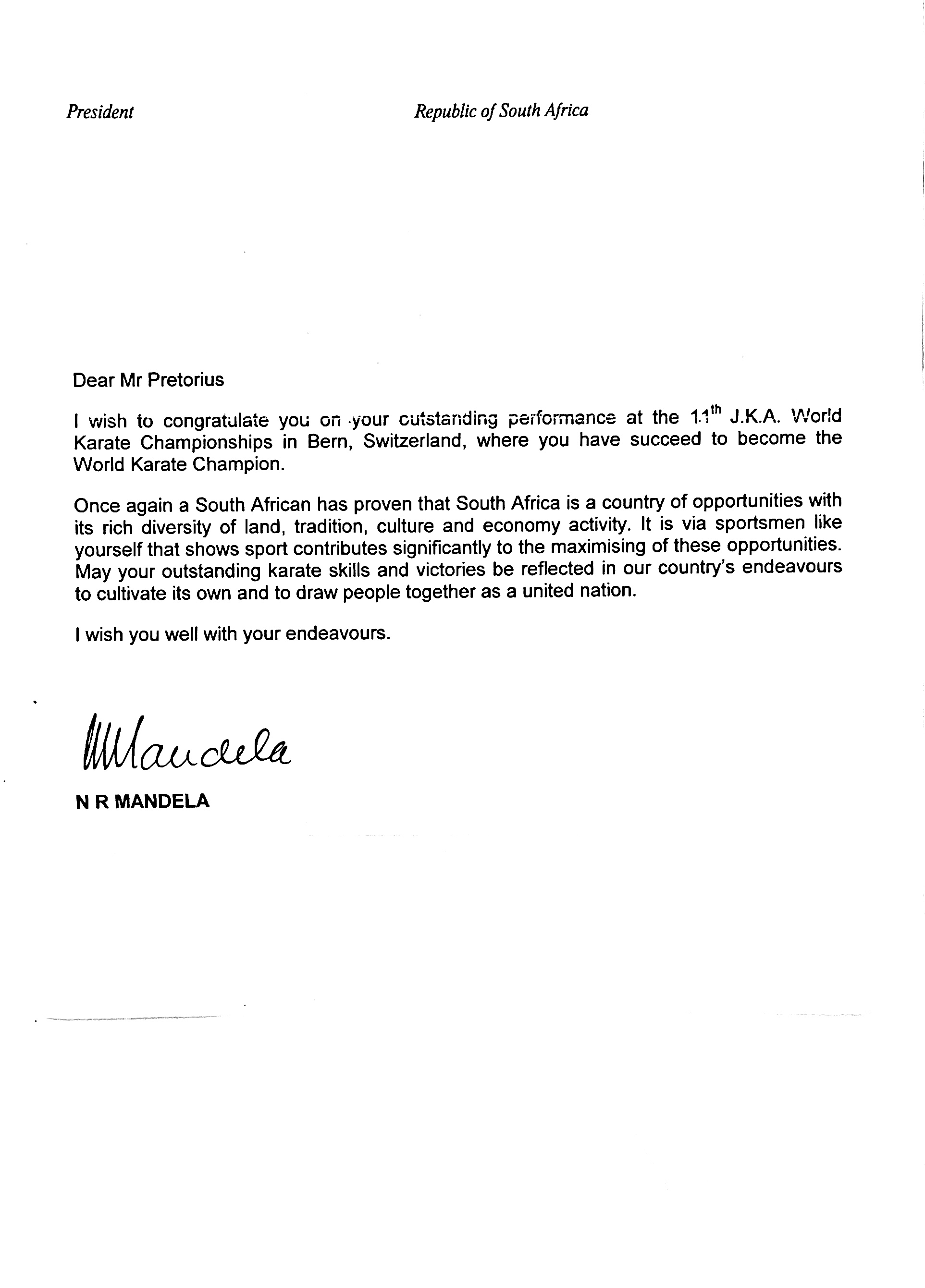 Letter of recognition from former President Nelson Mandela to Soon Pretorius