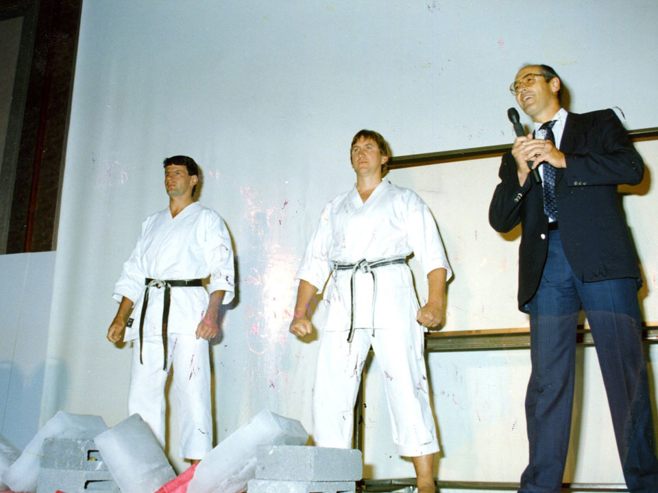 Karateka mid technique during class